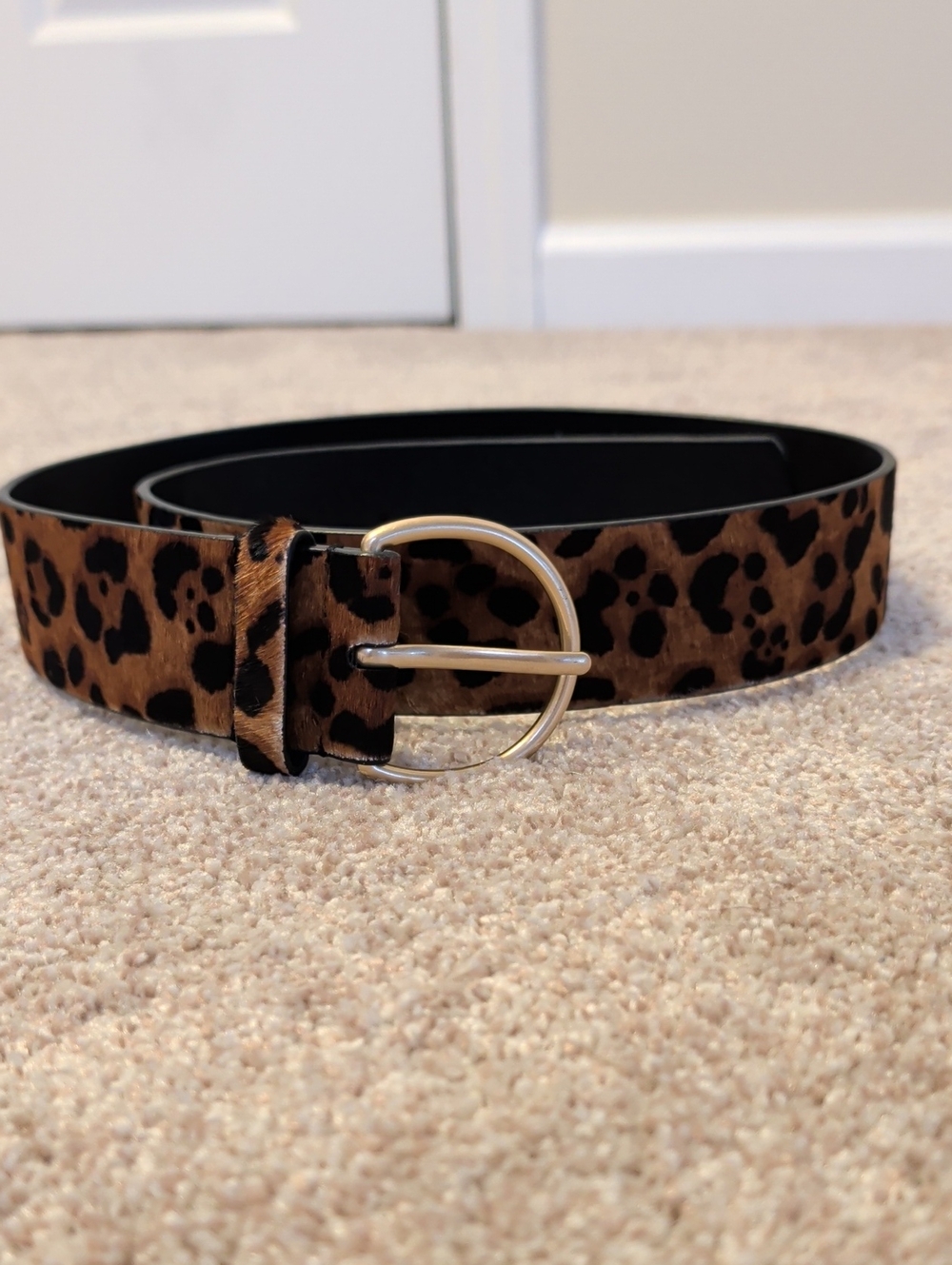 CAbi Calf Hair Leather Leopard-Print Round Gold Buckle Belt - Brown/Black